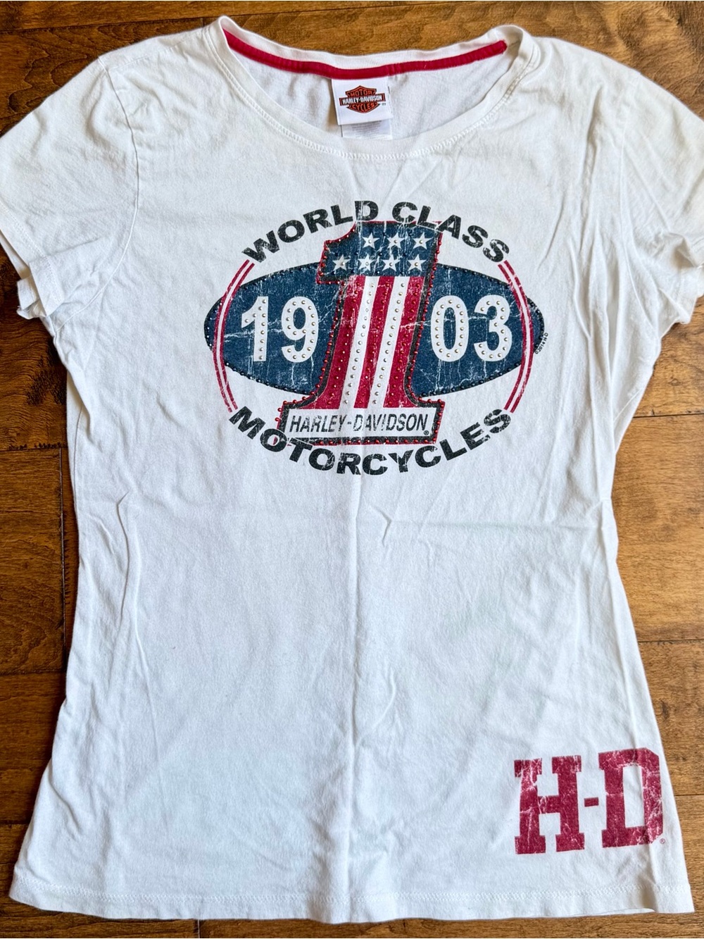 Y2K Harley Davidson Made in USA White Baby Tee with red white blue graphic